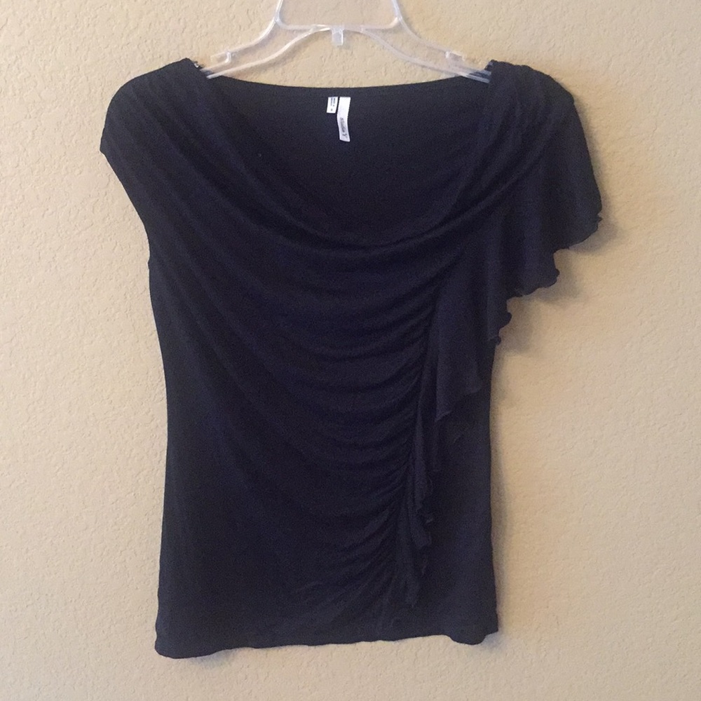 Black Drape Neck Top with Ruching and Ruffles